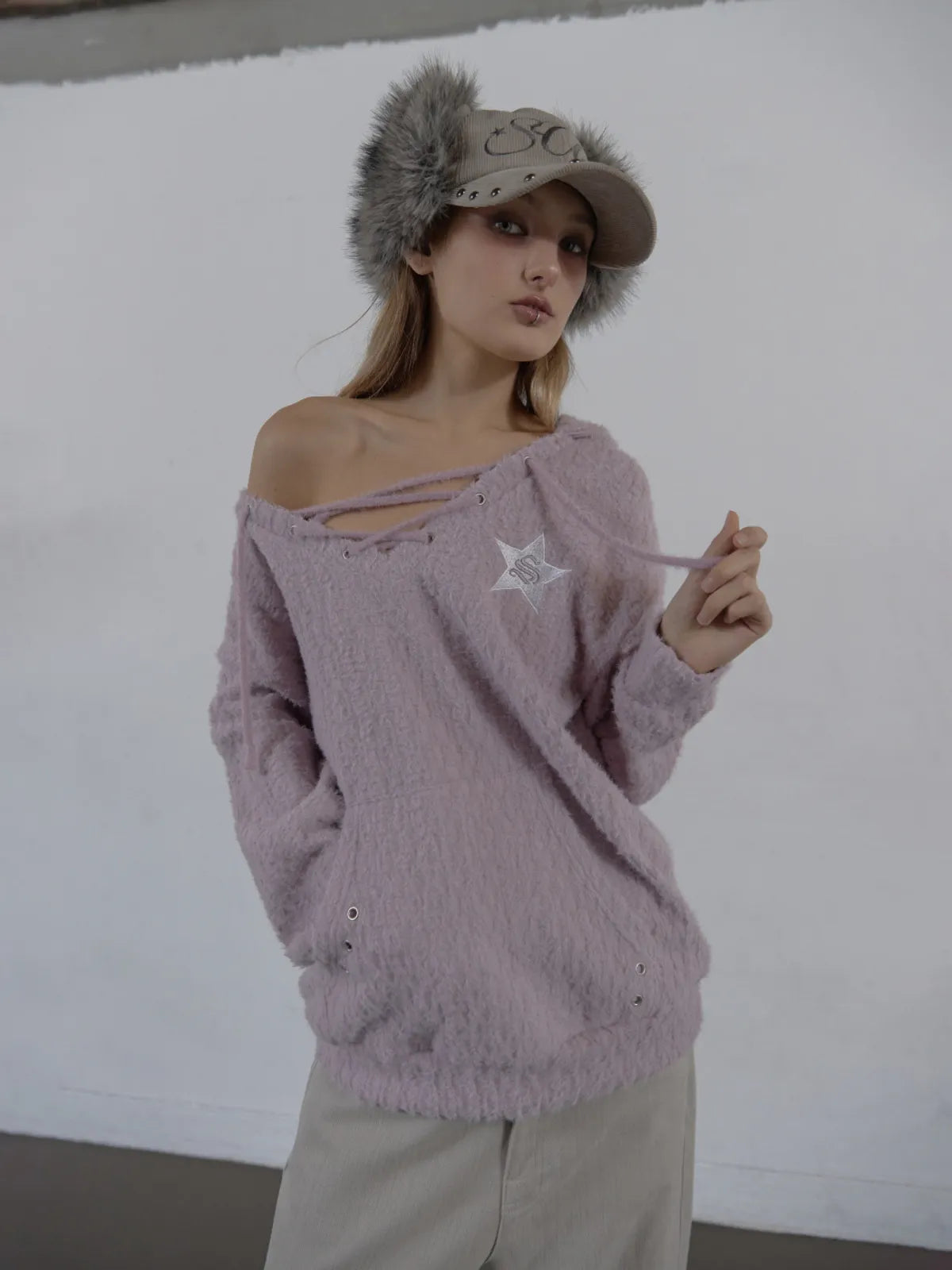 SETUPEXE HAIRY V-NECK HOODIE / LILAC
