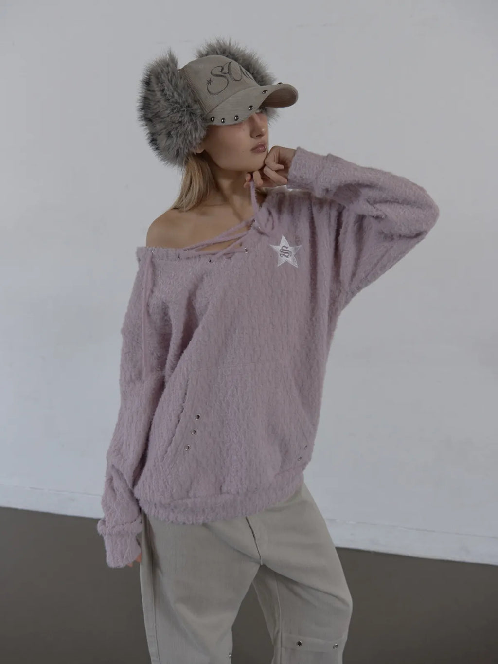 SETUPEXE HAIRY V-NECK HOODIE / LILAC