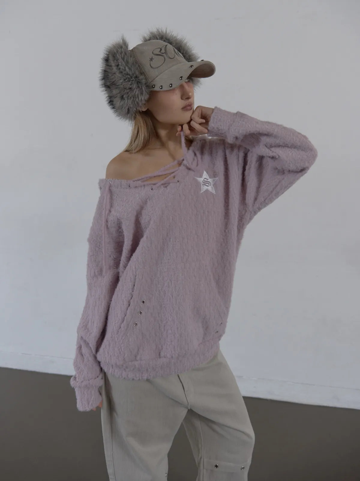 SETUPEXE HAIRY V-NECK HOODIE / LILAC