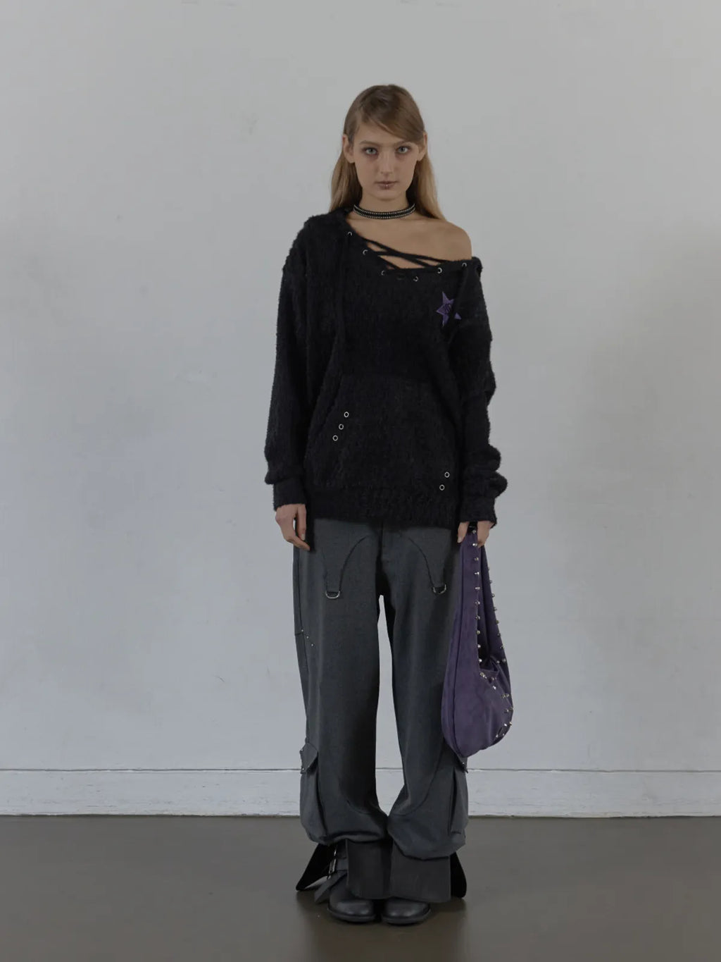SETUPEXE HAIRY V-NECK HOODIE / BLACK