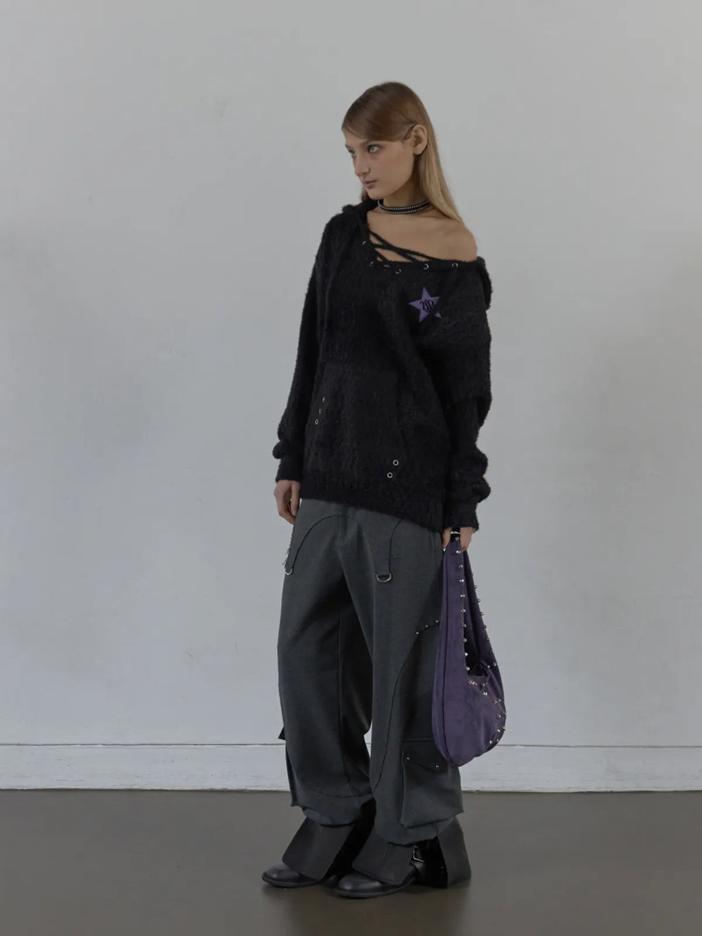 SETUPEXE HAIRY V-NECK HOODIE / BLACK