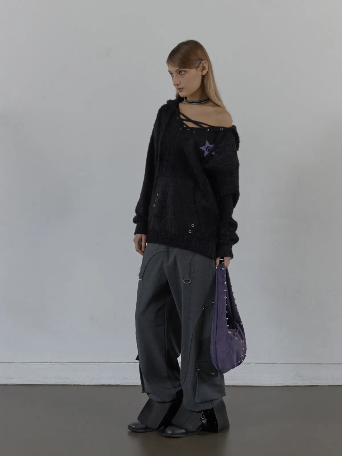 SETUPEXE HAIRY V-NECK HOODIE / BLACK