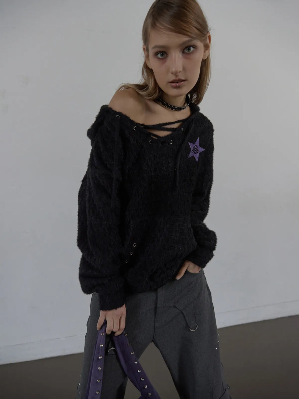 SETUPEXE HAIRY V-NECK HOODIE / BLACK