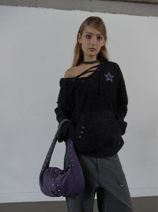 SETUPEXE HAIRY V-NECK HOODIE / BLACK