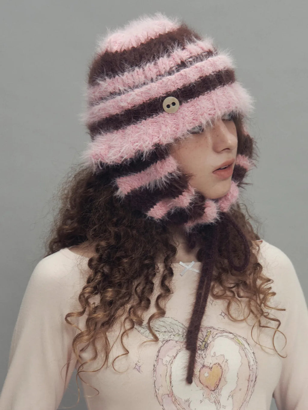 2WAY EAR FLAP BEANIE STRIPE PINK MIX