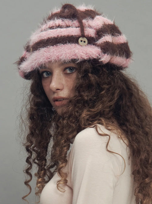 2WAY EAR FLAP BEANIE STRIPE PINK MIX