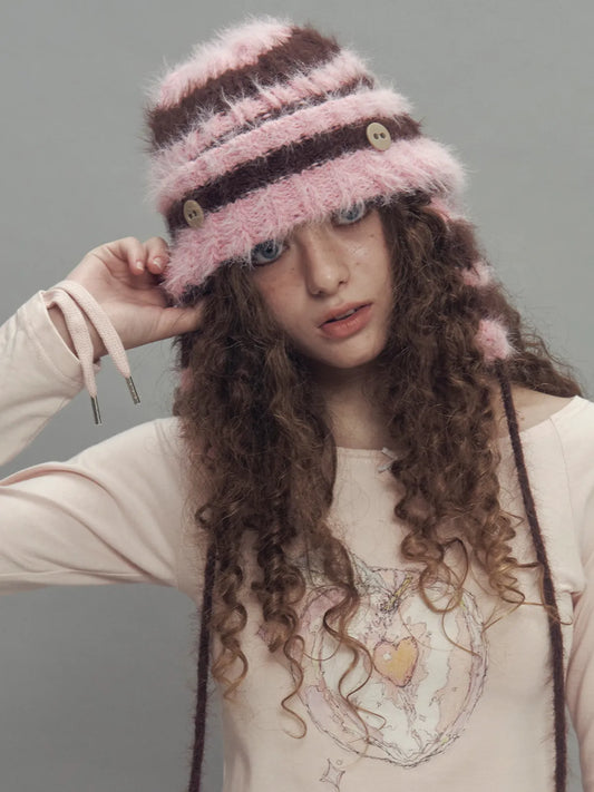 2WAY EAR FLAP BEANIE STRIPE PINK MIX