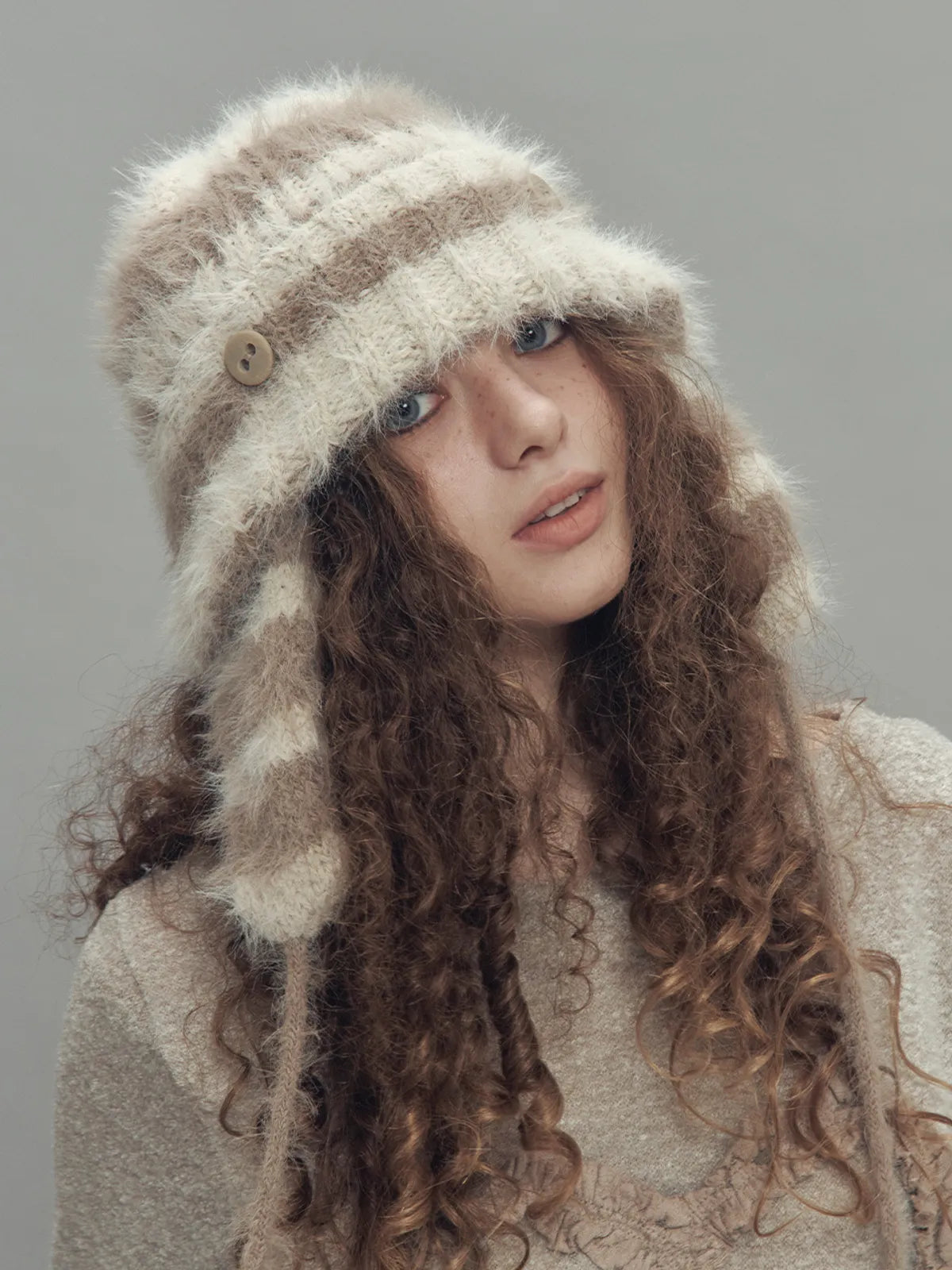 2WAY EAR FLAP BEANIE STRIPE BEIGE MIX