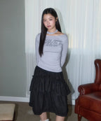 LETERIE LETTERING OFF-SHOULDER TIE LONG SLEEVE_GREY