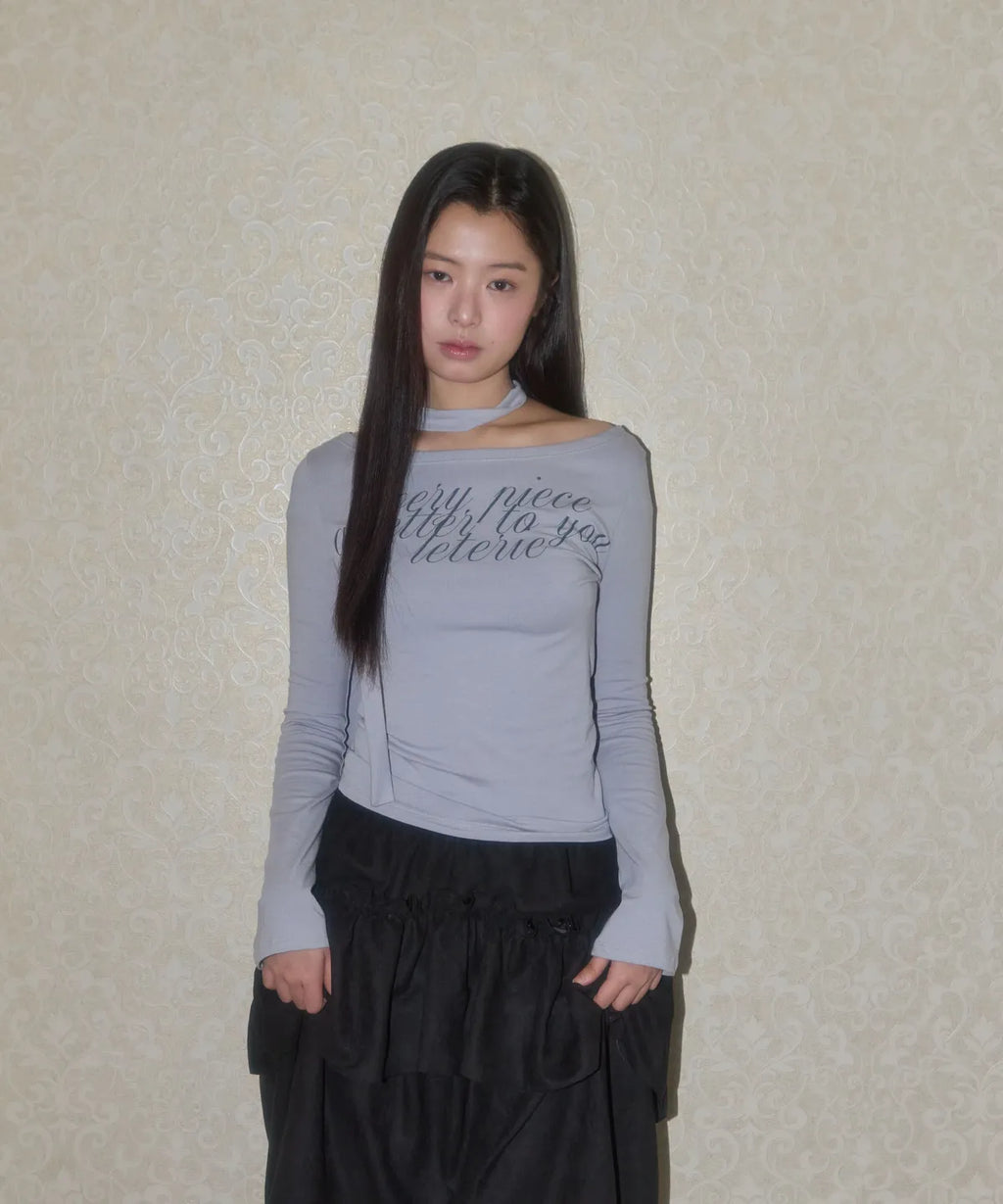 LETERIE LETTERING OFF-SHOULDER TIE LONG SLEEVE_GREY