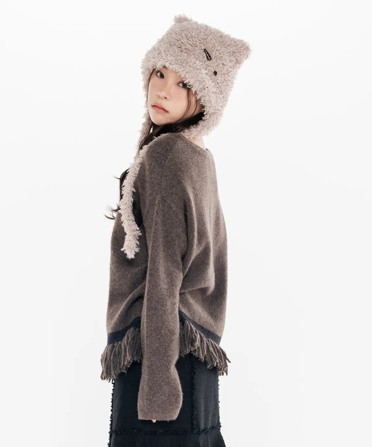 MIX STRAP FLUFFY CAT BEANIE_BEIGE