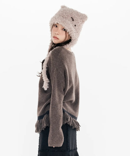 MIX STRAP FLUFFY CAT BEANIE_BEIGE