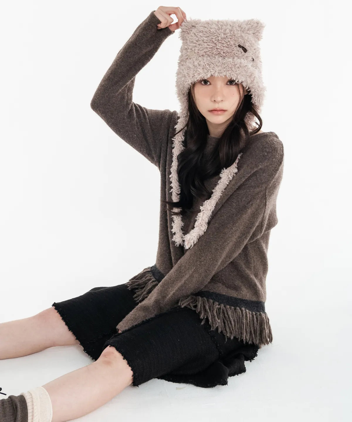MIX STRAP FLUFFY CAT BEANIE_BEIGE