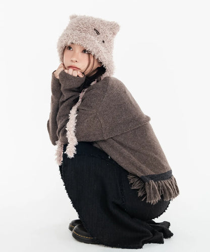 MIX STRAP FLUFFY CAT BEANIE_BEIGE