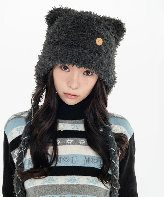 MIX STRAP FLUFFY CAT BEANIE_CHARCOAL