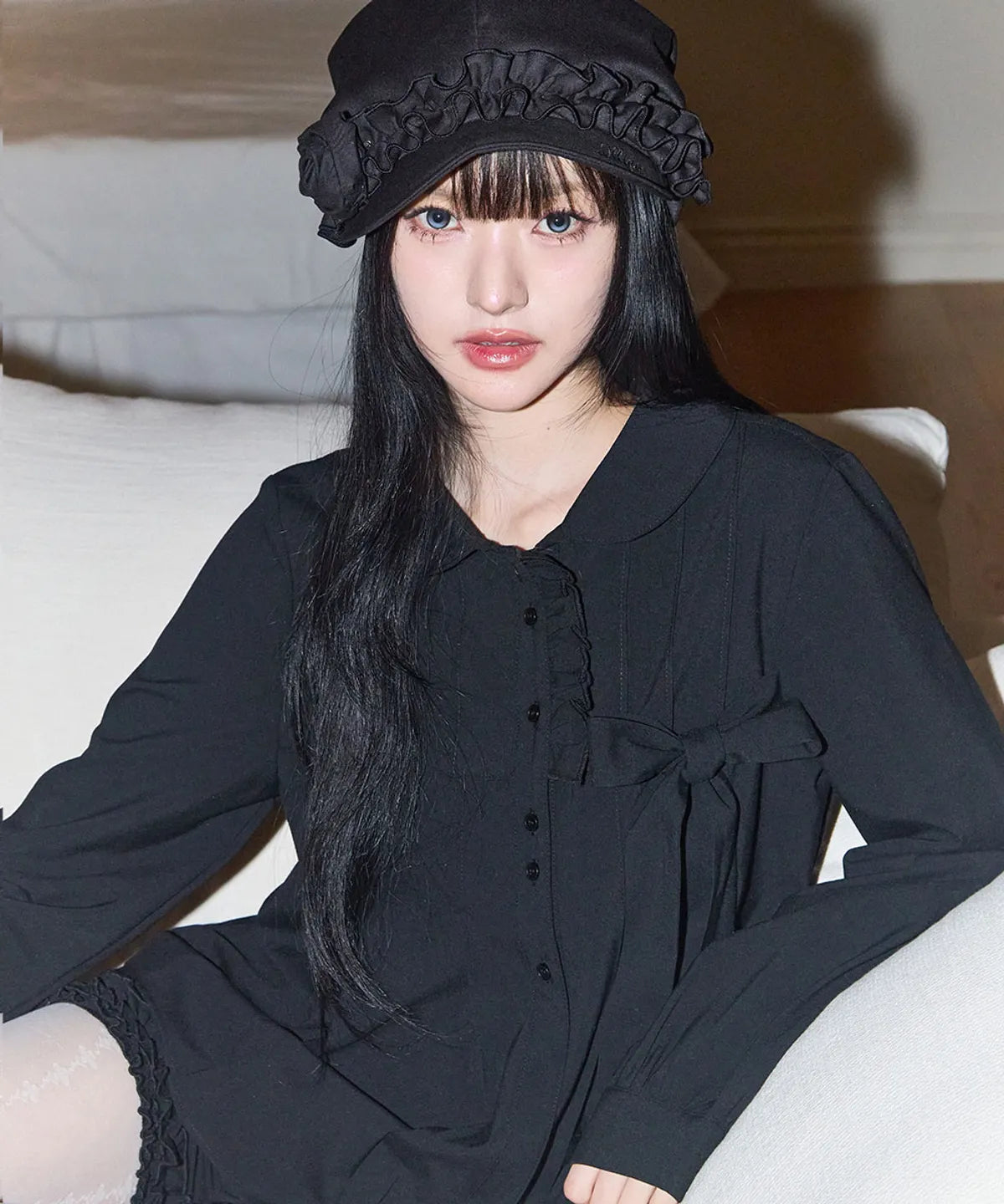 [illigo] RIBBON PLEATS BLOUSE_BLACK