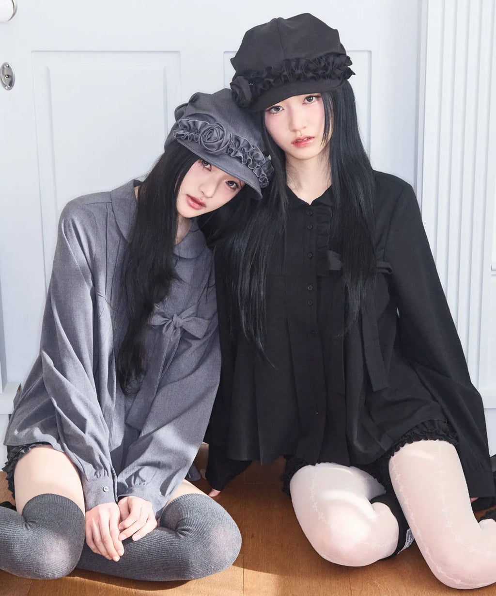 [illigo] RIBBON PLEATS BLOUSE_BLACK