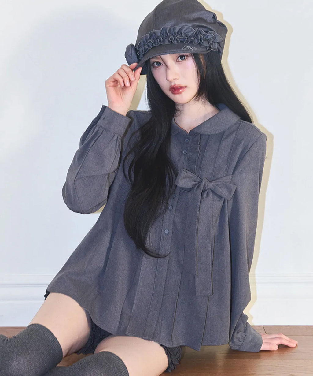 [illigo] RIBBON PLEATS BLOUSE_GREY