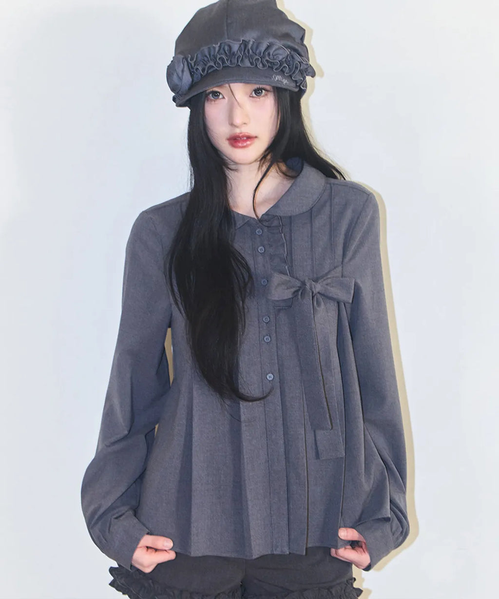 [illigo] RIBBON PLEATS BLOUSE_GREY