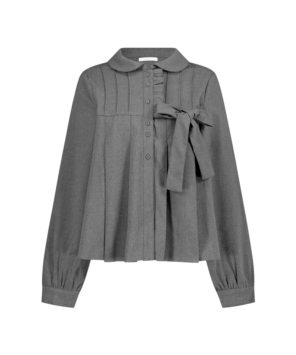 [illigo] RIBBON PLEATS BLOUSE_GREY