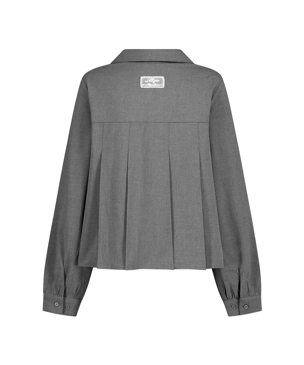 [illigo] RIBBON PLEATS BLOUSE_GREY