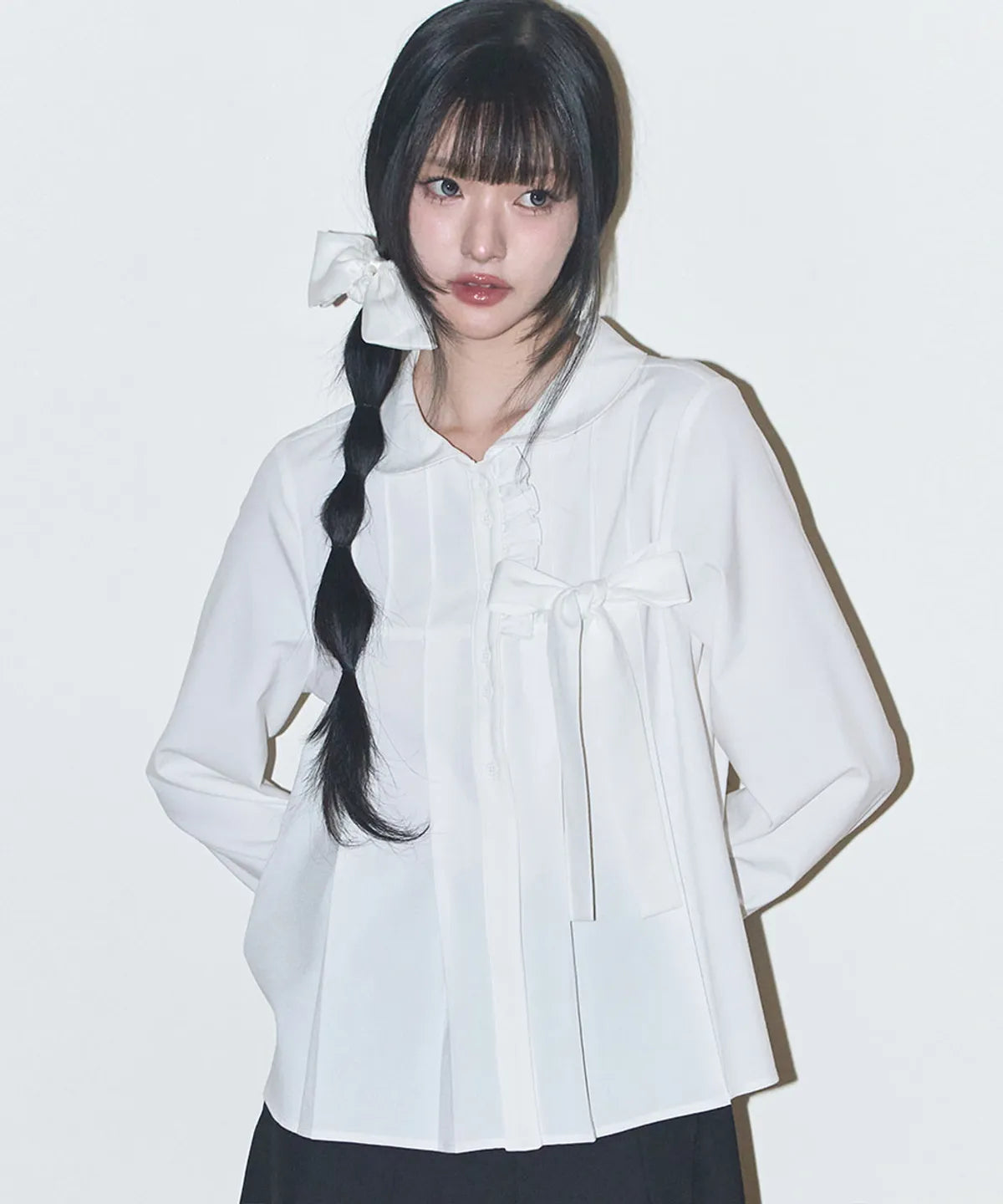 [illigo] RIBBON PLEATS BLOUSE_WHITE