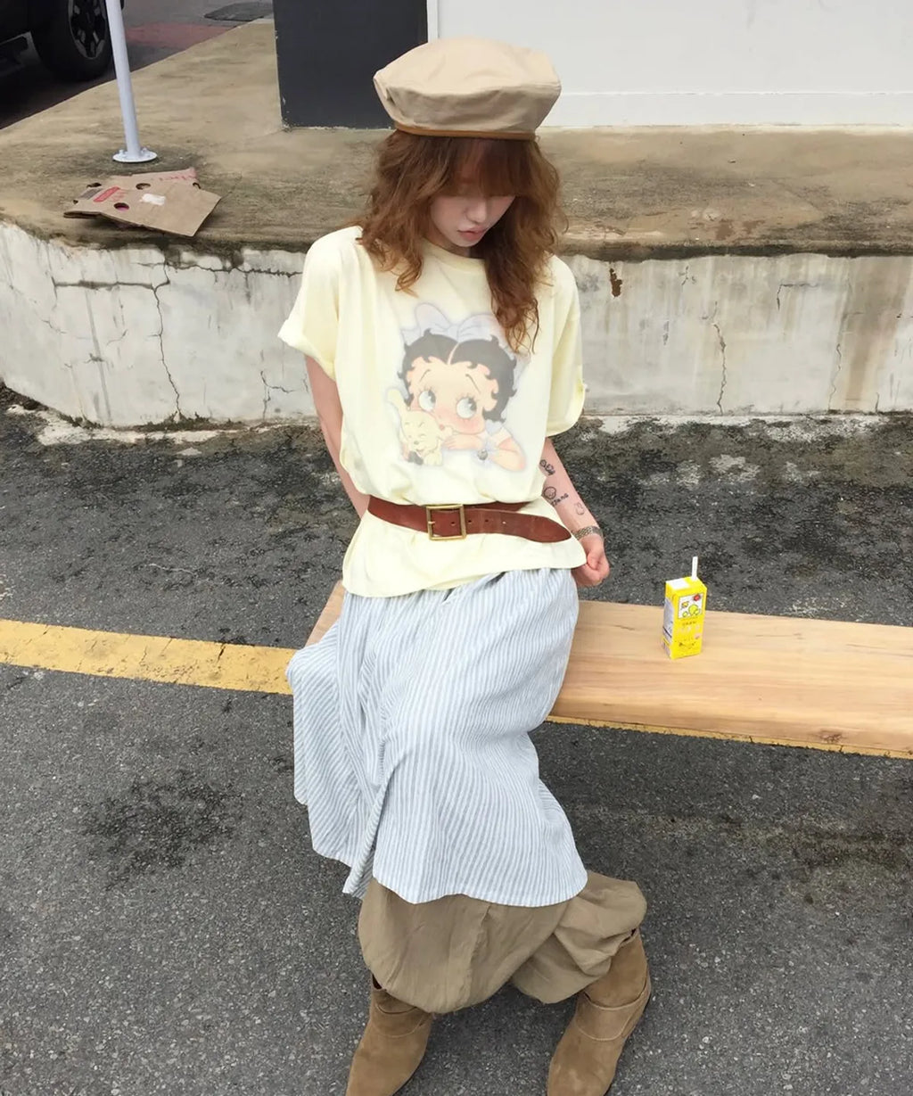 [RONRON] BETTY BOOP RIBBON BASIC FIT T SHIRT_SOFT YELLOW