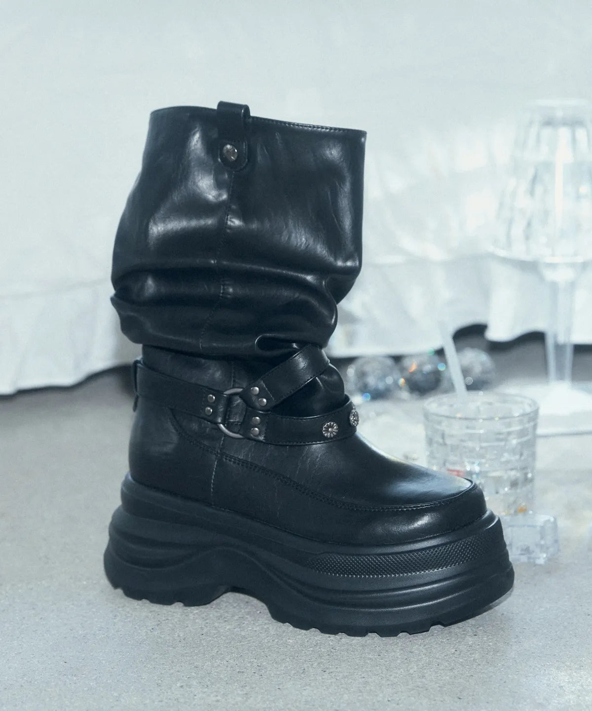 [OTZ] 3300 Slouch Platform Boots - Leather Black