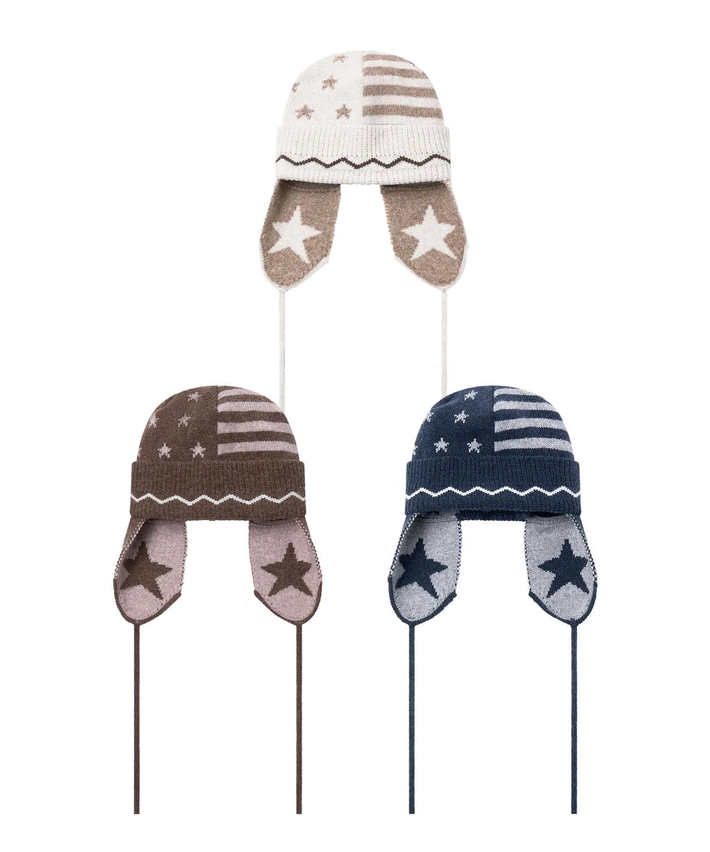 [video jockey] Vikey Star Knit Earflap Beanie - 3colors