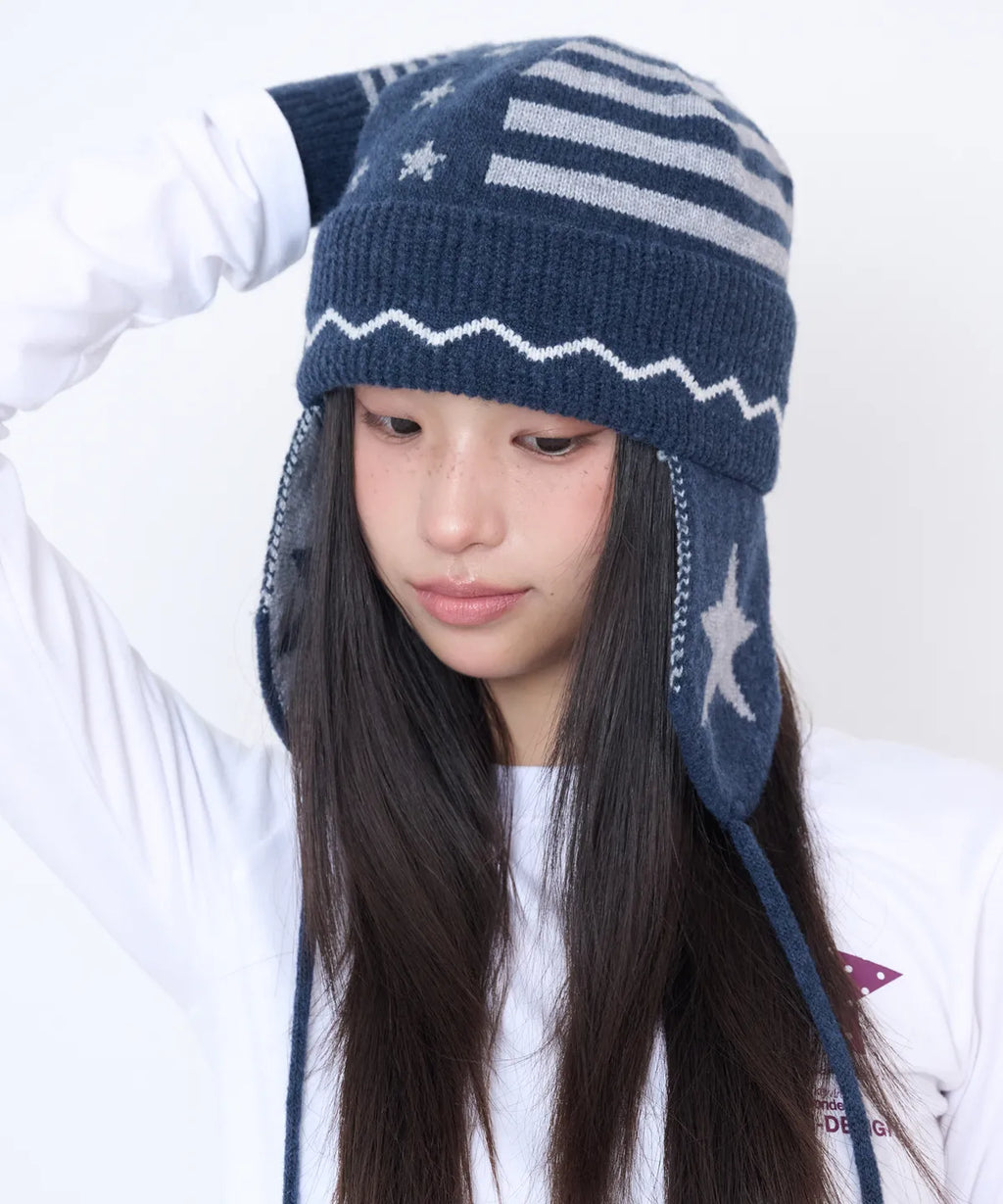 [video jockey] Vikey Star Knit Earflap Beanie - 3colors