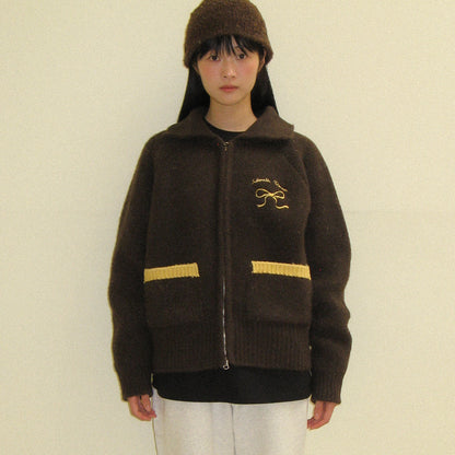 RONRON BACK HEART RIBBON COWICHAN KNIT ZIP UP / BROWN YELLOW