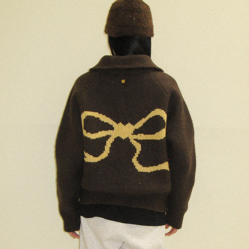 RONRON BACK HEART RIBBON COWICHAN KNIT ZIP UP / BROWN YELLOW