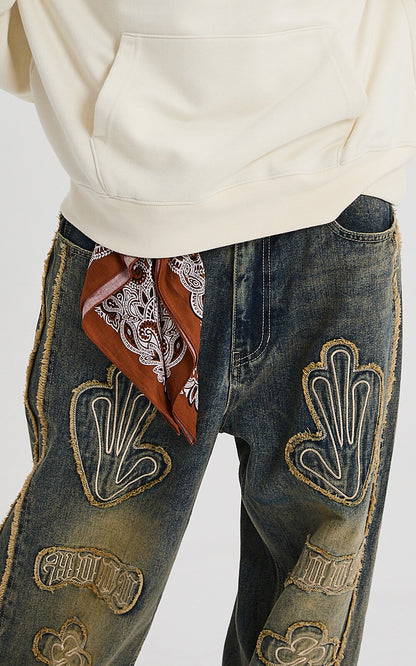 HOODHOOD Multi Logo Applique Yellow Washed Denim Pants / Deep Blue