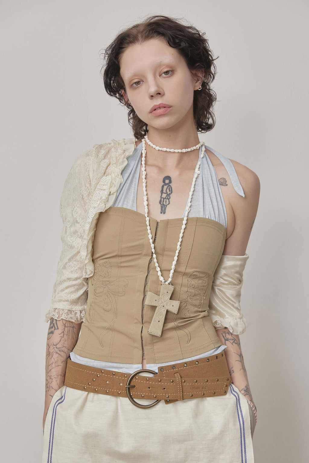 Farm Corset Halter Top Beige/Sky Blue