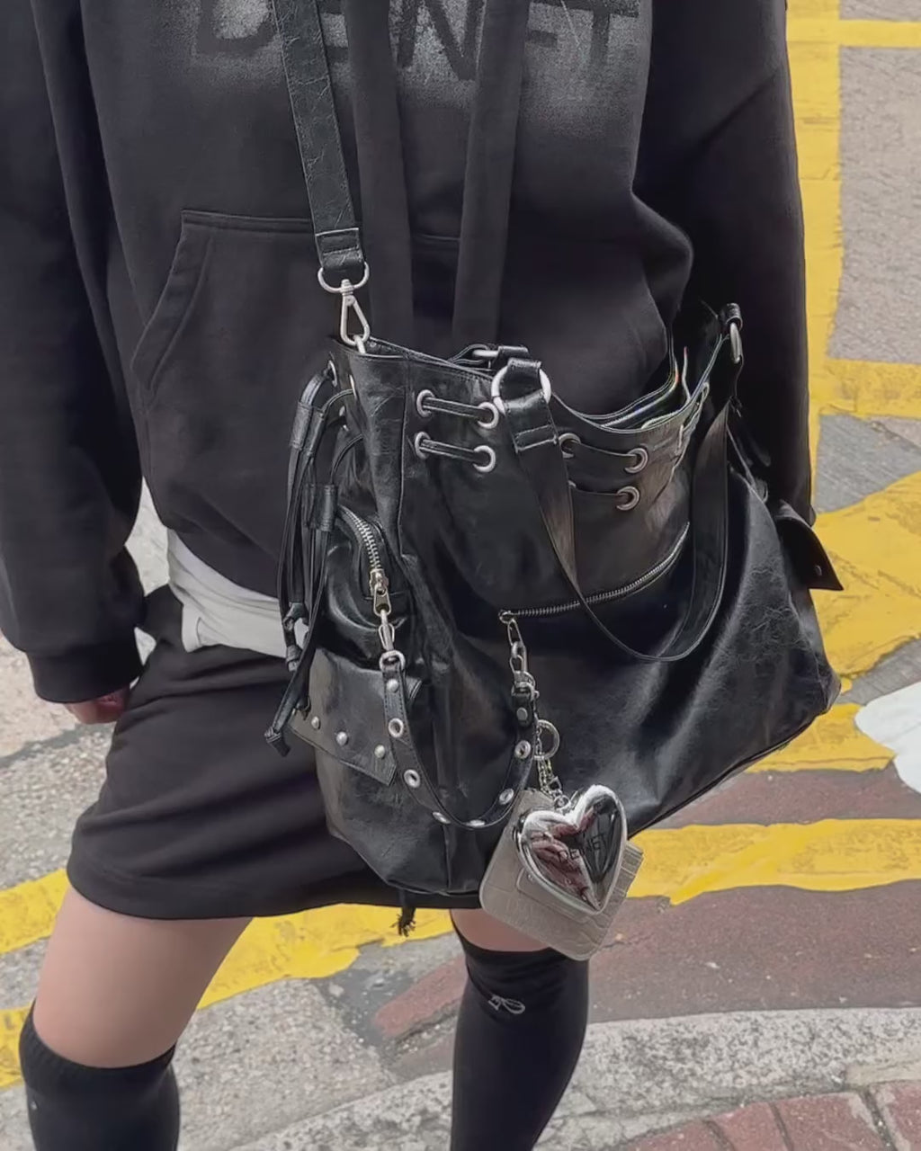 DEINET NEW STUD STRING BIG BAG IN BLACK